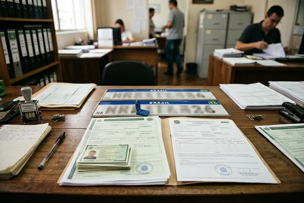 Documentos organizados para o emplacamento de veículos em Caxias do Sul.